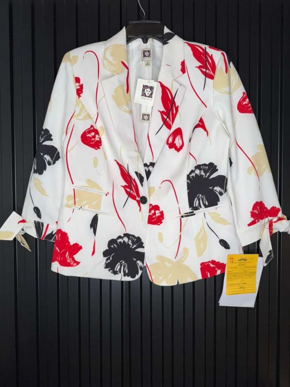 Anne Klein Floral One Button Blazer Jacket White Red Black Size M Tie Sleeve NWT